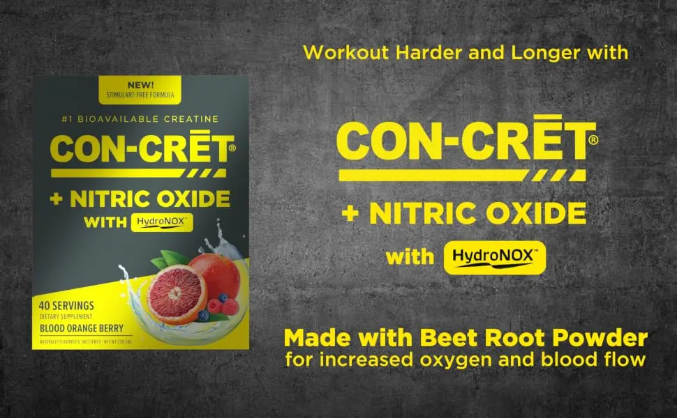CON-CRET+ Nitric Oxide with HydroNOX, Blood Orange Berry Powder, Patented Creatine HCl with HydroNOX and Organic Beet Root Extract, Promotes Vasodilation, 40 Servings - con-cret + hydronox