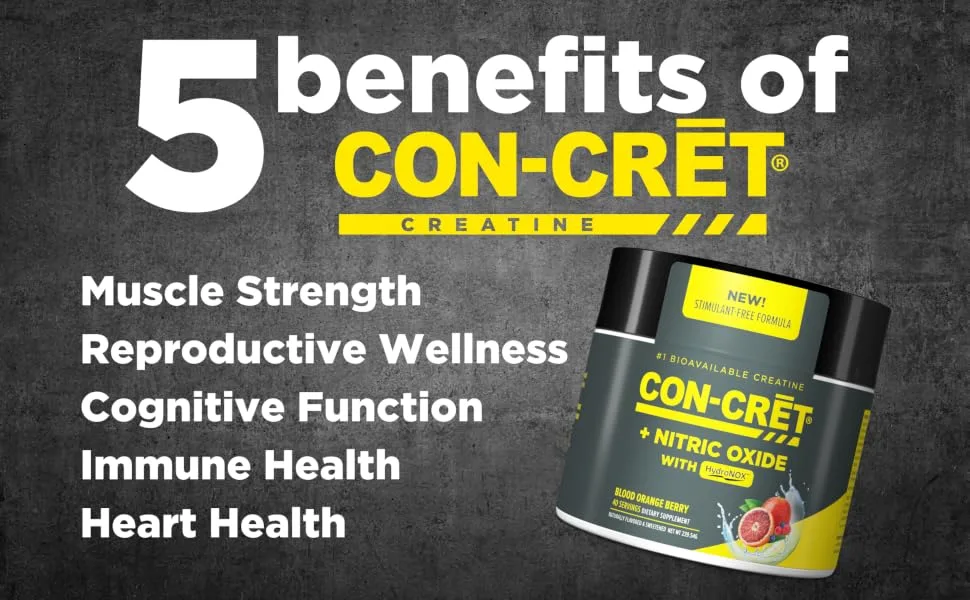 CON-CRET+ Nitric Oxide with HydroNOX, Blood Orange Berry Powder, Patented Creatine HCl with HydroNOX and Organic Beet Root Extract, Promotes Vasodilation, 40 Servings - hydronox 5 benefits