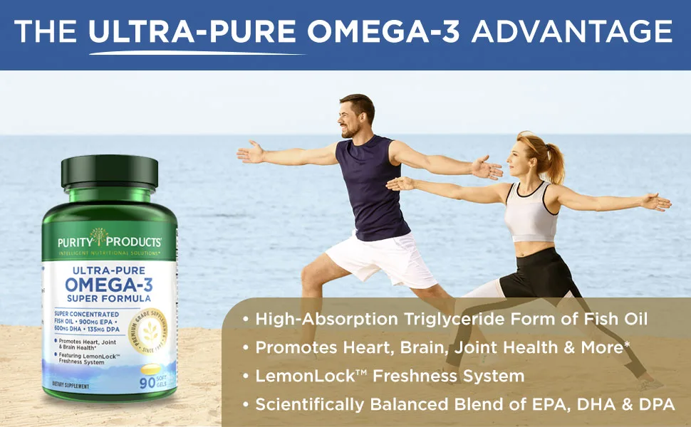 Purity Products - Ultra Pure Omega 3 Super Formula 90 Softgels - couple doing yoga on the beach - text explaining benefits of Ultra Pure Omega-3 super formula