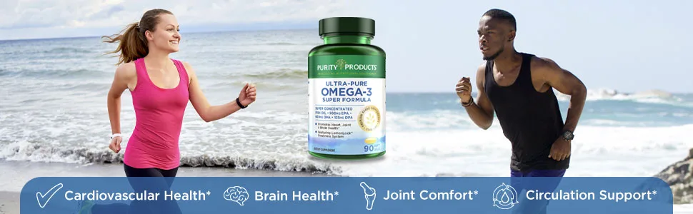 Purity Products - Ultra Pure Omega 3 Super Formula 90 Softgels - two people running on the beach - text explaining benefits of Ultra Pure Omega-3 super formula