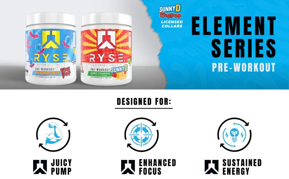 Ryse Element Series Pre-Workout | Everyday Pre-Workout | Beta Alanine, NO3-T Nitrates | 200mg Caffeine | 25 Servings (Blue Raspberry Ring Pop) - Ryse element series preworkout