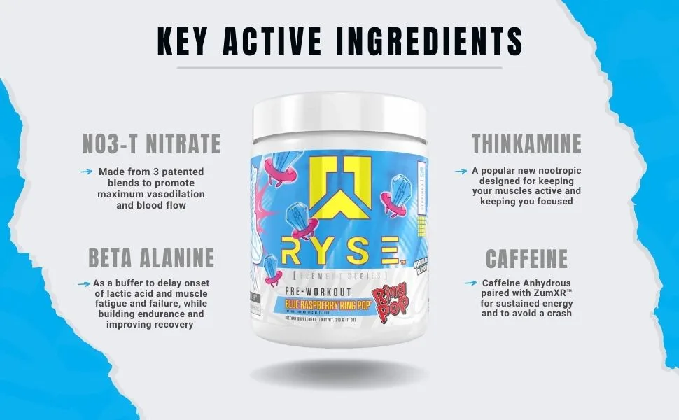 Ryse Element Series Pre-Workout | Everyday Pre-Workout | Beta Alanine, NO3-T Nitrates | 200mg Caffeine | 25 Servings (Blue Raspberry Ring Pop) - Ryse element series preworkout