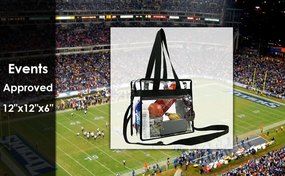 BeeGreen Stadium Clear Bags w Front Pocket and Shoulder Carry Handles Black - clear stadium bags