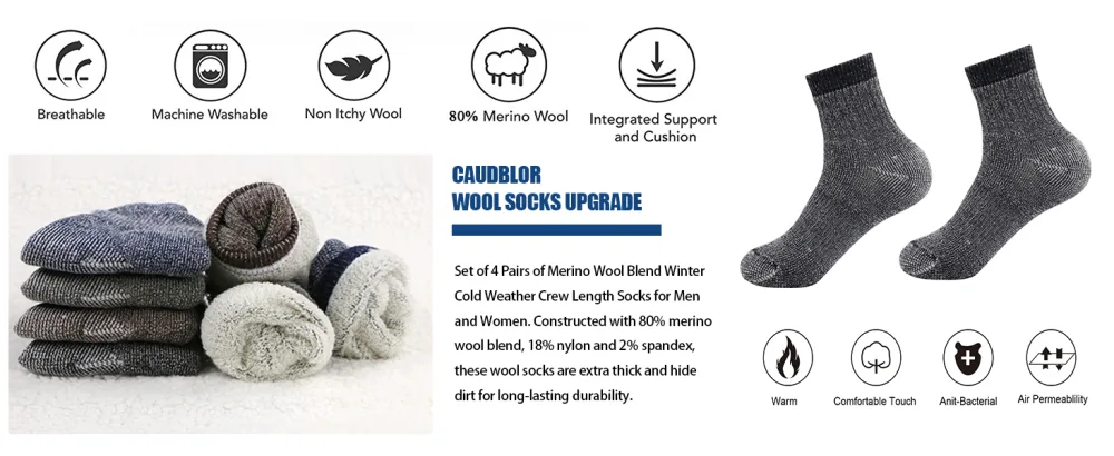 Men's Merino Wool Hiking Socks-Thermal Warm Crew Winter Ankle Socks for Trekking,Multi Performance,Outdoor Skiing,4 Pack Mixed - wool socks