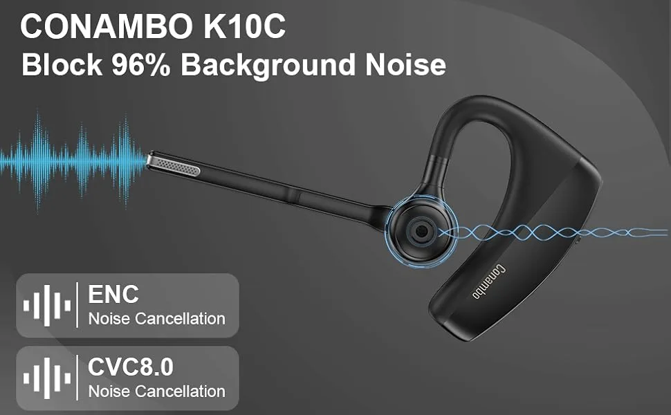 Conambo K10C Bluetooth Headset V5.1, Wireless Headset with CVC8.0 Dual Mic Noise Cancelling Handsfree Headset 16h Talk Time Bluetooth Earpiece for Cellphones iPhone Android Trucker Driver Office Black - Bluetooth earpiece noise cancelling