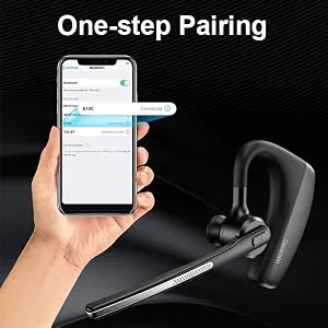 Conambo K10C Bluetooth Headset V5.1, Wireless Headset with CVC8.0 Dual Mic Noise Cancelling Handsfree Headset 16h Talk Time Bluetooth Earpiece for Cellphones iPhone Android Trucker Driver Office Black - bluetooth headset for cellphones