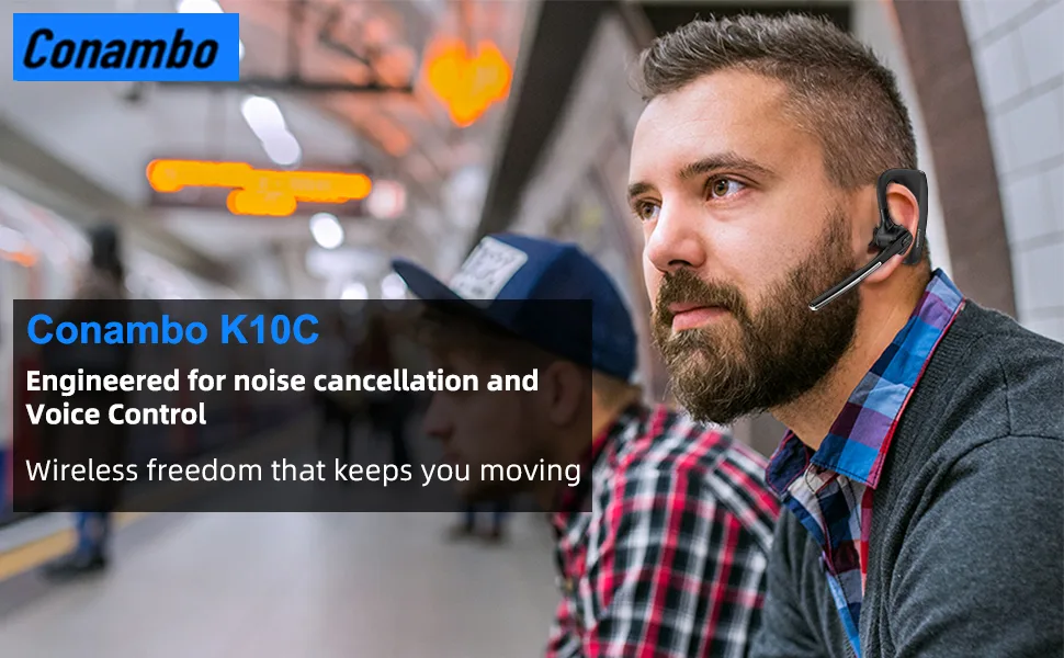 Conambo K10C Bluetooth Headset V5.1, Wireless Headset with CVC8.0 Dual Mic Noise Cancelling Handsfree Headset 16h Talk Time Bluetooth Earpiece for Cellphones iPhone Android Trucker Driver Office Black - Bluetooth Headset K10C