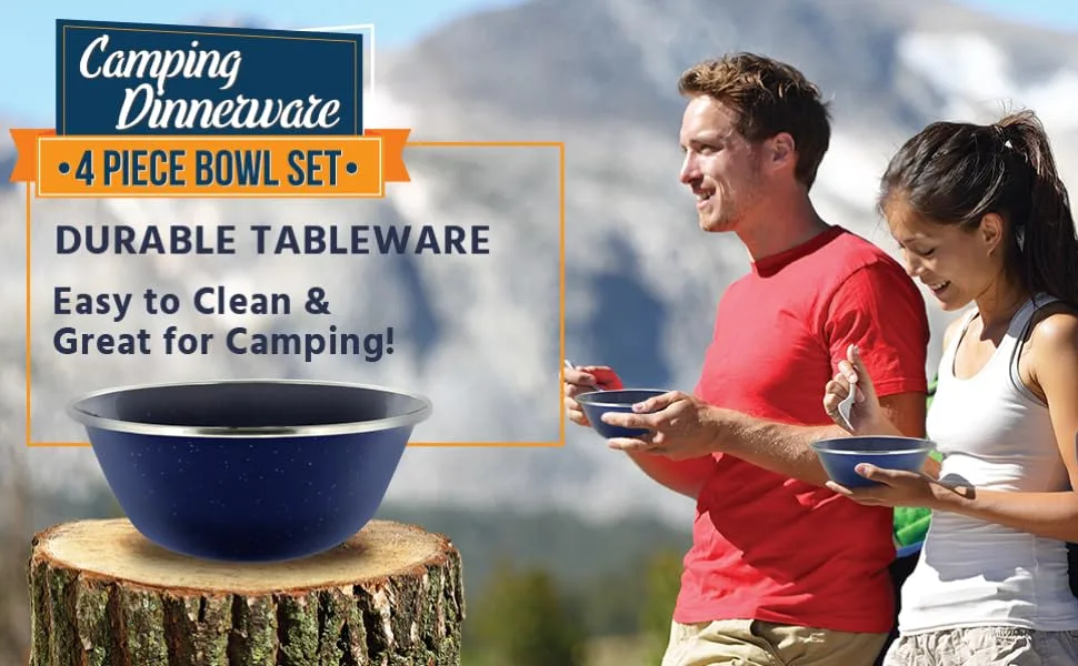 Direct 2 Boater 6" Enamel Camping Bowl - 4 Pack Metal Camping Bowl with Blue Enamel Finish - For Camping, Hiking & Picnics - camping dinnerware camping bowl bowl for camping