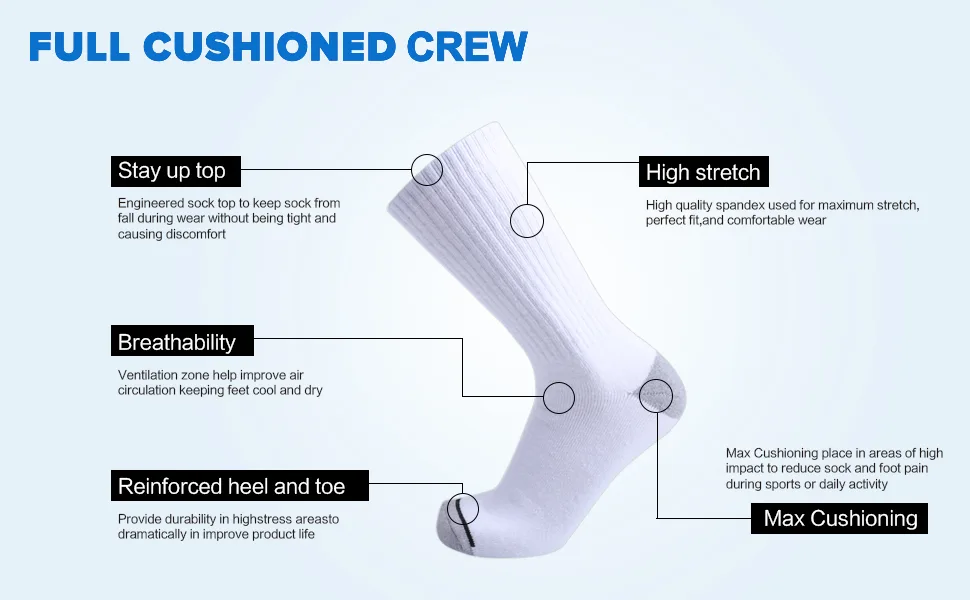EnerWear 10P Pack Men's Cotton Moisture Wicking Heavy Cushion Crew Socks 10-13 White - white cushion work socks