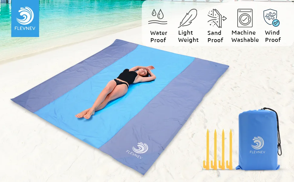 Flevnev Beach Blanket Sandproof Waterproof Oversized, Extra Large 9'X10' Sand Free Beach Mat with 4 Stakes and 4 Corner Pockets for 7 Adults (9'X10') - main03
