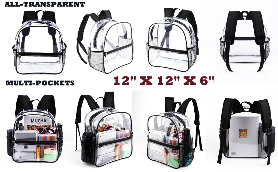 Fomaris Mini Clear Backpack 12x12x6 Stadium Approved Clear Backpacks Small Plastic Transparent Backpack for Sports Event Concert (Black) - bulk clear backpacks