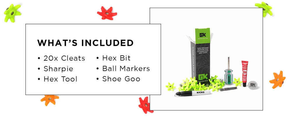 Golfkicks Golf Traction Kit for Sneakers with DIY Golf Spikes - Add Soft Spikes to Almost Any Shoe, 20 Count Black - Includes 20 screw in cleats, a sharpie, hex tool, hex bit, ball markers and shoe goo.