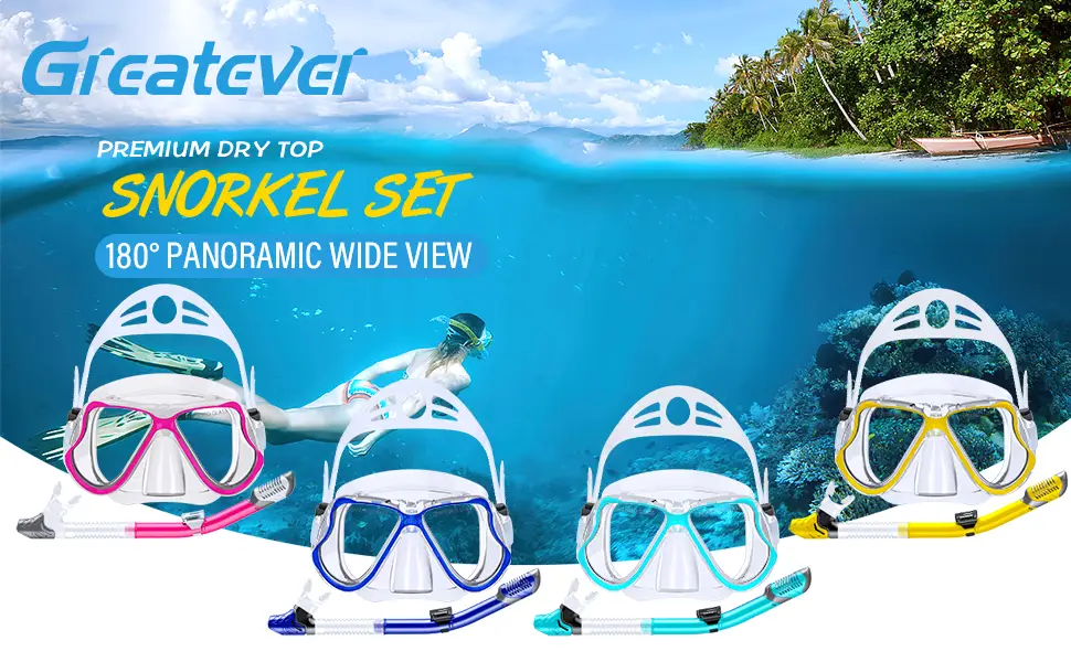 Greatever Dry Snorkel Set,Panoramic Wide View,Anti-Fog Scuba Diving Mask,Professional Snorkeling Gear Black Adults - snorkel set