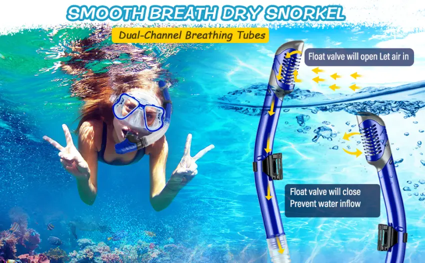 Greatever Dry Snorkel Set,Panoramic Wide View,Anti-Fog Scuba Diving Mask,Professional Snorkeling Gear Black Adults - snorkel set