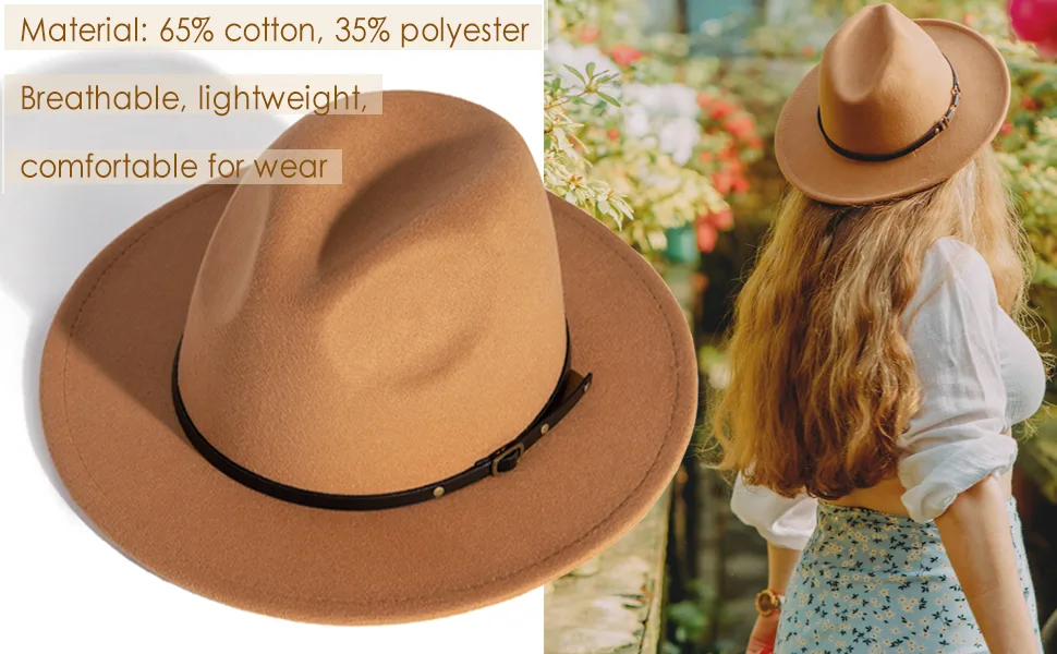 HUDANHUWEI Women's Classic Wide Brim Fedora Hat with Belt Buckle Felt Panama Hat Yellow - VIM0183