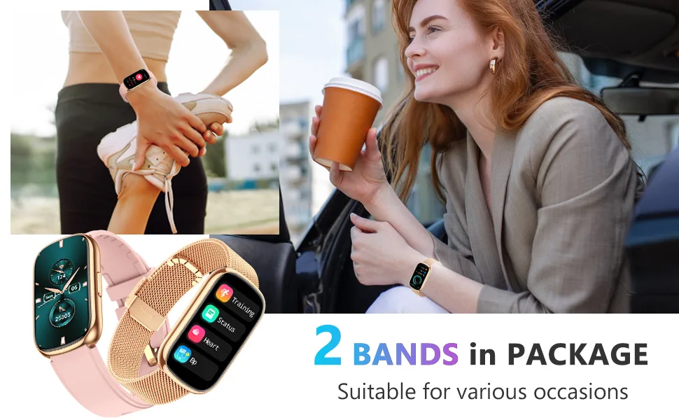 KALINCO Slim Fitness Tracker, Smart Watch with Heart Rate, Blood Oxygen, Blood Pressure and Sleep Monitor, Activity Tracker & Pedometer, Calories Step Counter for Women Men, 2 Bands Included Rose Gold+Pink Gold - 2 bands
