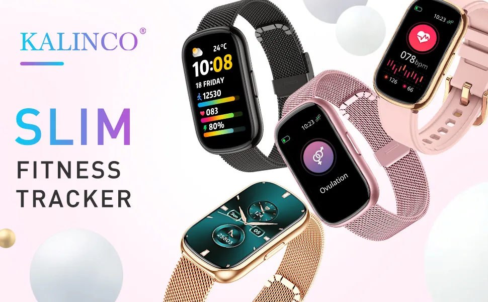 KALINCO Slim Fitness Tracker, Smart Watch with Heart Rate, Blood Oxygen, Blood Pressure and Sleep Monitor, Activity Tracker & Pedometer, Calories Step Counter for Women Men, 2 Bands Included Rose Gold+Pink Gold - MLGD