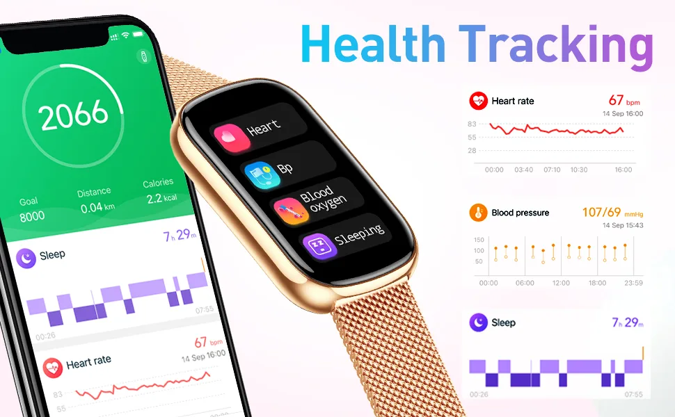 KALINCO Slim Fitness Tracker, Smart Watch with Heart Rate, Blood Oxygen, Blood Pressure and Sleep Monitor, Activity Tracker & Pedometer, Calories Step Counter for Women Men, 2 Bands Included Rose Gold+Pink Gold - Tracking