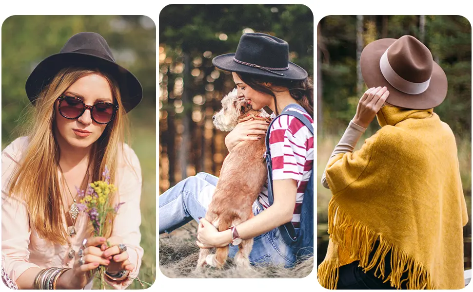 Lanzom Women Wide Brim Warm Wool Fedora Hat Retro Style Belt Panama Hat Black One Size - product information 3