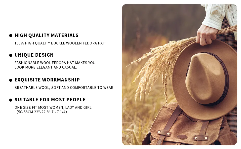 Lanzom Women Wide Brim Warm Wool Fedora Hat Retro Style Belt Panama Hat Black One Size - product information 5