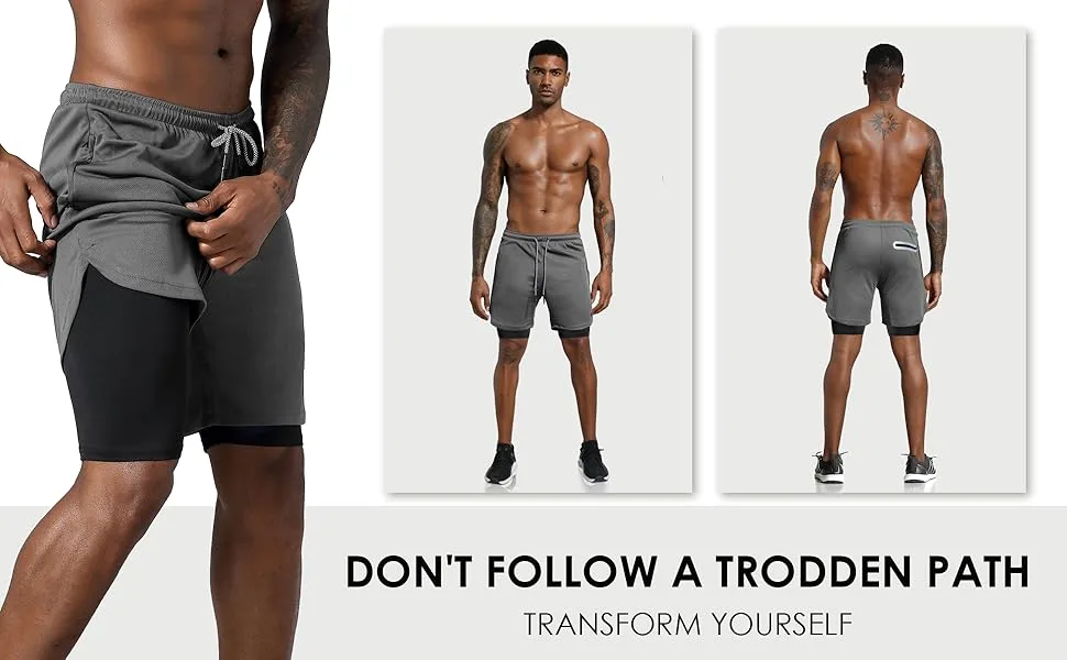 Leidowei Men's 2 in 1 Workout Running Shorts Lightweight Training Yoga Gym 7" Short with Zipper Pockets Medium Black - product information 2