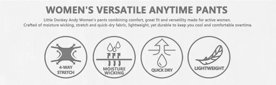 Little Donkey Andy Women's Ultra-Stretch Quick Dry Lightweight Ankle Pants Drawstring Active Travel Hiking A1. Black Medium - Features