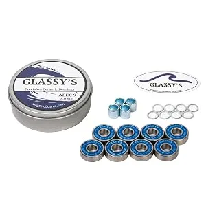 Glassy's Ceramic Bearings (8 Pack), ABEC 9 High Speed Skateboard Bearings with Washers, Spacers and a Glassy's Sticker (Black) - ceramic bearings, skateboard bearings, longboard bearings, ball bearings, magneto, glassys, abec 9