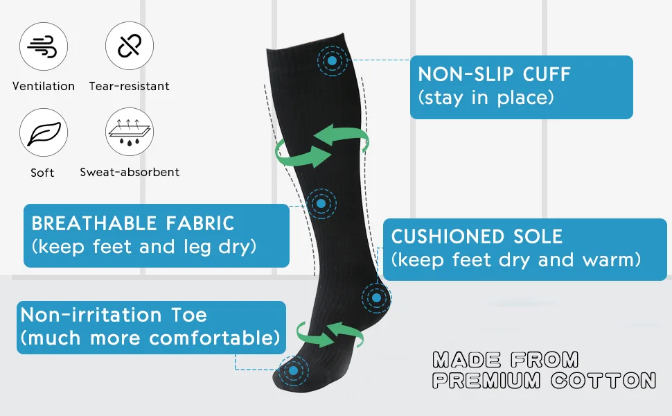MD 6 Pairs Compression Socks 8-15mmHg for Women & Men Cushion Knee High Socks 9-11 Black (6 Pairs) - product information 2