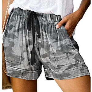 Mosucoirl Women Comfy Drawstring Casual Elastic Waist Pure Color Shorts Summer Beach Lightweight Short Pants with Pockets Medium 1 Light Blue - LEOPARD