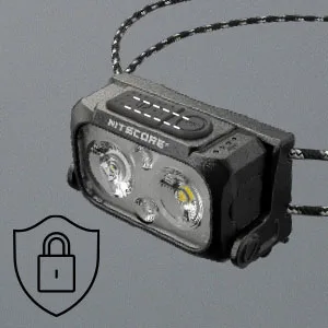 Nitecore NU25 400 UL Ultra Lightweight Headlamp, 400 Lumen USB-C Rechargeable with Lumentac Organizer for Back Packing, Camping and Running - Highlighting the lockout mode on the NU25 UL