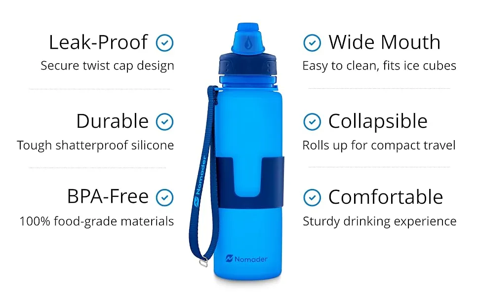 Nomader Collapsible Water Bottle - Leak Proof Twist Cap - BPA Free, 22 oz Aqua Blue - Nomader collapsible water bottle features and benefits
