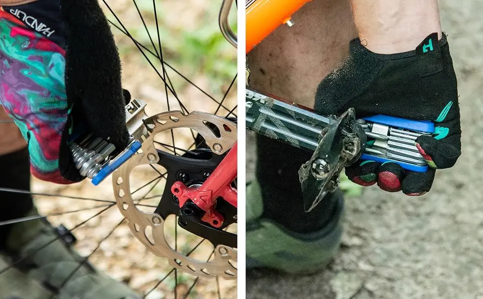 Park Tool MTB-5 Bicycle Multi-Tool with Hex, Star Driver, Screwdrivers, Chain Tool, Spoke Wrenches, Disc Brake Repair Tool - MTB-5 in use