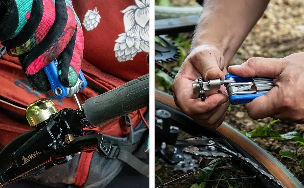 Park Tool MTB-5 Bicycle Multi-Tool with Hex, Star Driver, Screwdrivers, Chain Tool, Spoke Wrenches, Disc Brake Repair Tool - Park Tool MTB-5 bicycle multi-tool in use