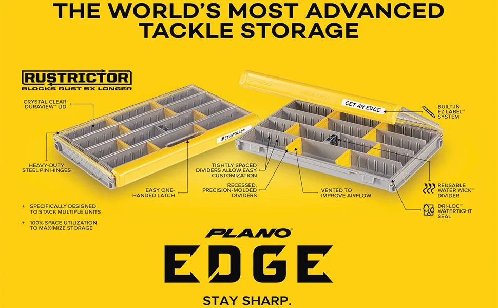 Plano Edge 3700 Premium Thin Tackle Utility Box, Clear and Yellow, Waterproof and Rust-Resistant Bait and Tackle Box Storage Organization 3700 Thin - Plano Edge tackle organizers, Plano EDGE, KastKing, Plano 3700, Plano 3600, Plano terminal storage
