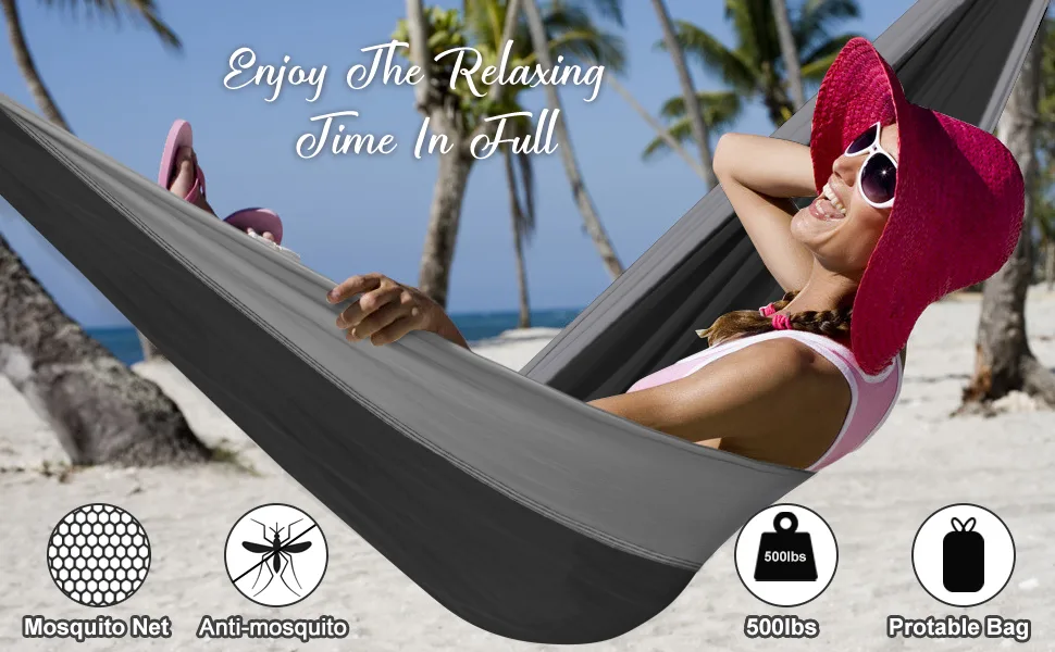 Camping Hammock with Net,Travel Portable Lightweight Hammocks with Tree Straps and Solid D-Shape Carabiners,Parachute Nylon Hammock for Outsides Backpacking Beach Backyard Patio Hiking Black & Grey - tree hammock