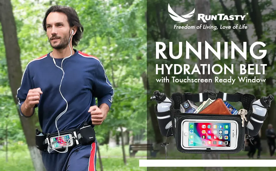 Voted No.1 Hydration Belt Runtasty Winners' Running Fuel Belt - Includes accessories: 2 BPA Free Water Bottles & Runners Ebook - Fits Any iPhone - w/Touchscreen cover - No Bounce Fit and more! - running hydration fuel belt iphone touchscreen dual pocket