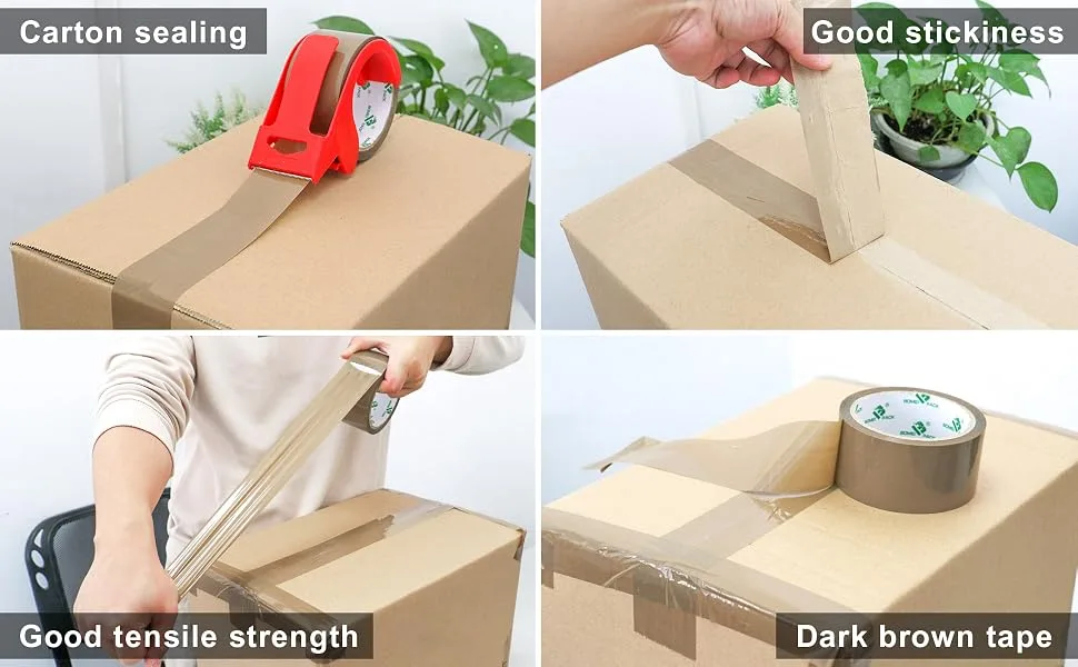 BOMEI PACK Brown Packing Tape Refills, Heavy Duty 12Rolls with 1 Dispenser for Packaging, Shipping and Moving, 2.4Mil 1.88 Inch x 60 Yard - B09YR9KM4K