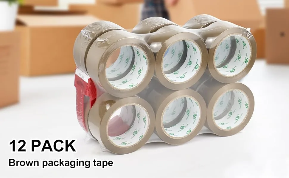 BOMEI PACK Brown Packing Tape Refills, Heavy Duty 12Rolls with 1 Dispenser for Packaging, Shipping and Moving, 2.4Mil 1.88 Inch x 60 Yard - brown shipping tape