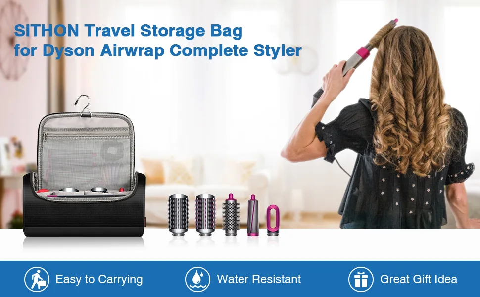 SITHON Travel Carrying Case for Dyson Airwrap Complete Styler and Attachments, Portable Hanging Storage Organizer Bag with Side Pockets Compatible with Shark FlexStyle Accessories (Bag Only) (Black) - Travel storage bag for dyson airwrap complete styler