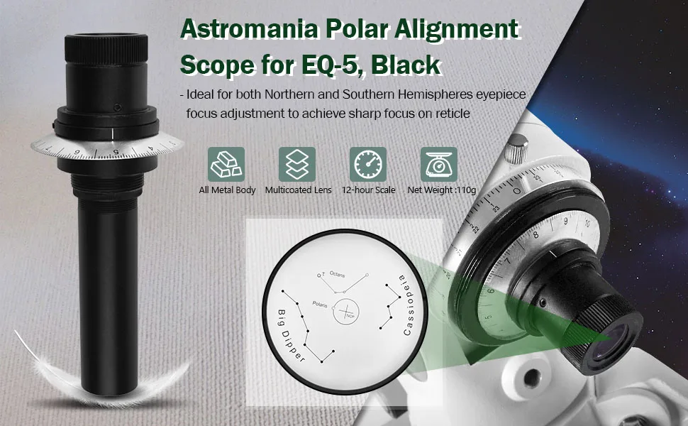 Astromania Polar Alignment Scope for EQ-5, Black - for Both Northern and Southern Hemispheres Eyepiece Focus Adjustment to Achieve Sharp Focus on Reticle - scope1