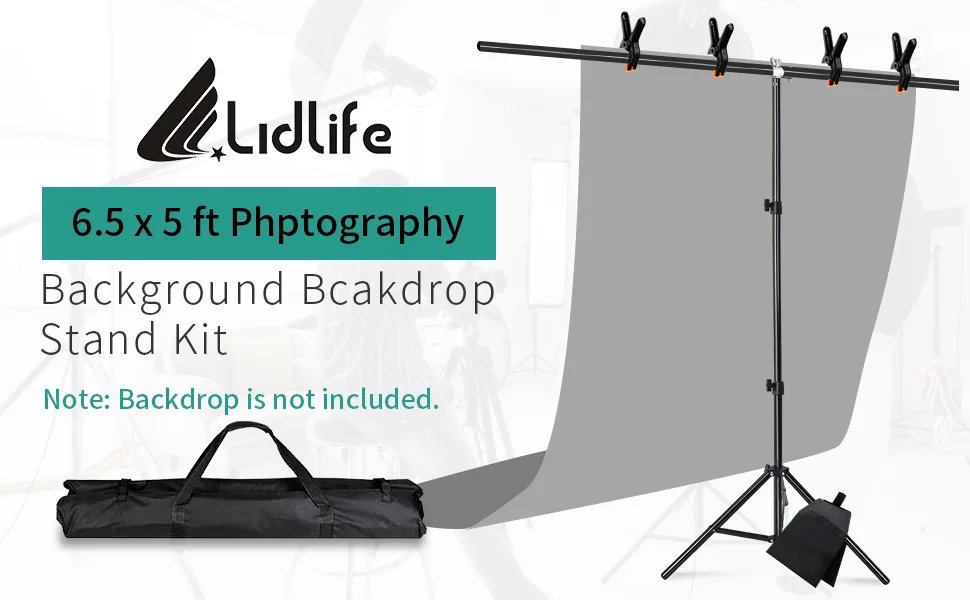 Lidlife T-Shape Backdrop Stand Kit,6.5x5ft Adjustable Photo Background Backdrop Stand with 4 Spring Clamps and Sandbag for Photography Video Studio - backdrop stand