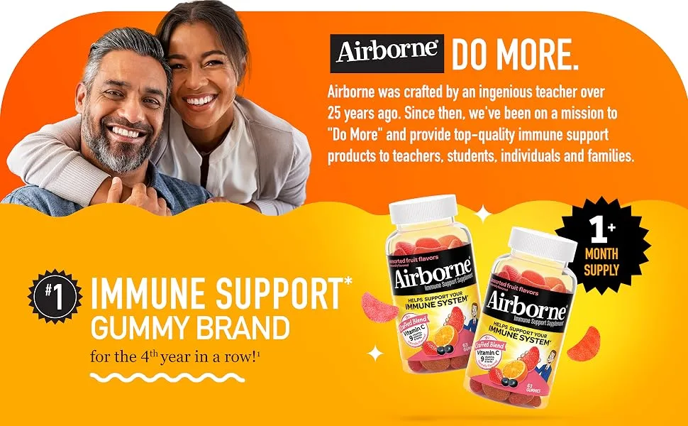 Airborne 750mg Vitamin C Gummies For Adults, Immune Support Gummies With Powerful Antioxidants Vit C & E - (2x63 count bottle), Assorted Fruit Flavor 2x63ct Assorted Fruit Gummies - Airborne Assorted Fruit Flavored Immune Support Gummies Vitamins Minerals and Herbs