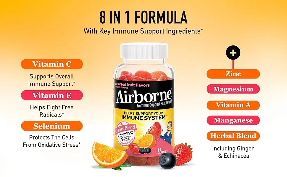 Airborne 750mg Vitamin C Gummies For Adults, Immune Support Gummies With Powerful Antioxidants Vit C & E - (2x63 count bottle), Assorted Fruit Flavor 2x63ct Assorted Fruit Gummies - Airborne Assorted Fruit Flavored Immune Support Gummies Vitamins Minerals and Herbs