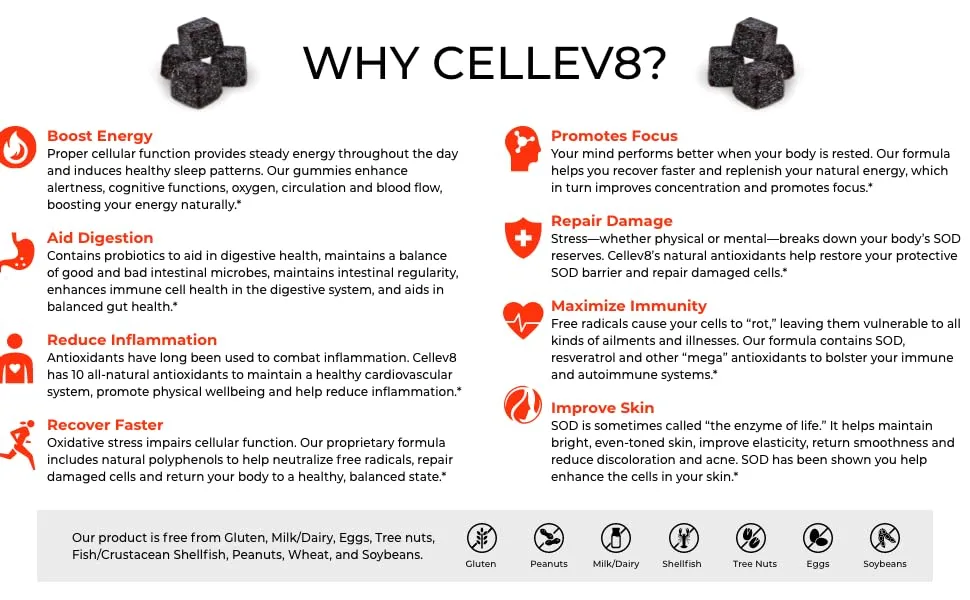 Cellev8 Inflammation & Recovery Gummies | Inflammation Relief, Bone, Joint & Muscle Support | Contains SOD, Resveratrol, Tart Cherry & Pomegranate | Raspberry Flavor, 60 Count. - Cellev8 helps boost energy, aids in digestion and more.