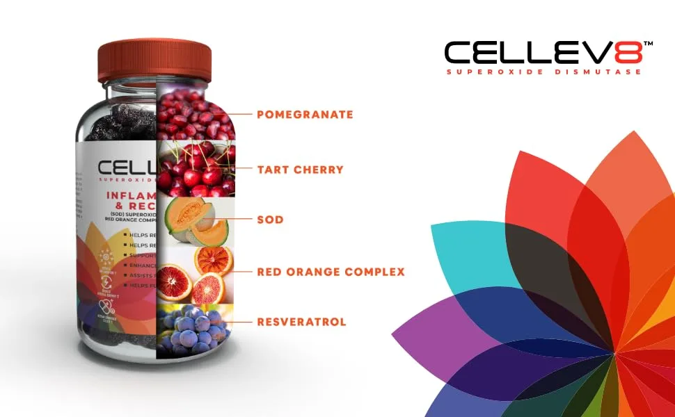 Cellev8 Inflammation & Recovery Gummies | Inflammation Relief, Bone, Joint & Muscle Support | Contains SOD, Resveratrol, Tart Cherry & Pomegranate | Raspberry Flavor, 60 Count. - cellev8 inflammation and recovery gummies