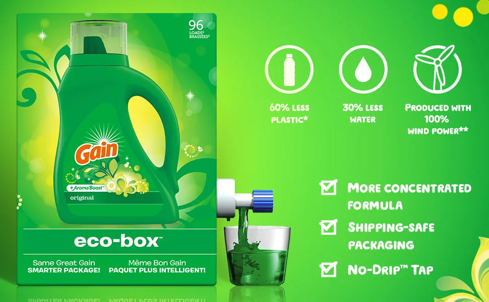 Gain Laundry Detergent Liquid Soap Eco-Box, Ultra Concentrated High Efficiency (HE), Original Scent, 96 Loads - 60% less plastic, 30% less water. More concentrated formula, shipping safe packaging, No-Drip tap