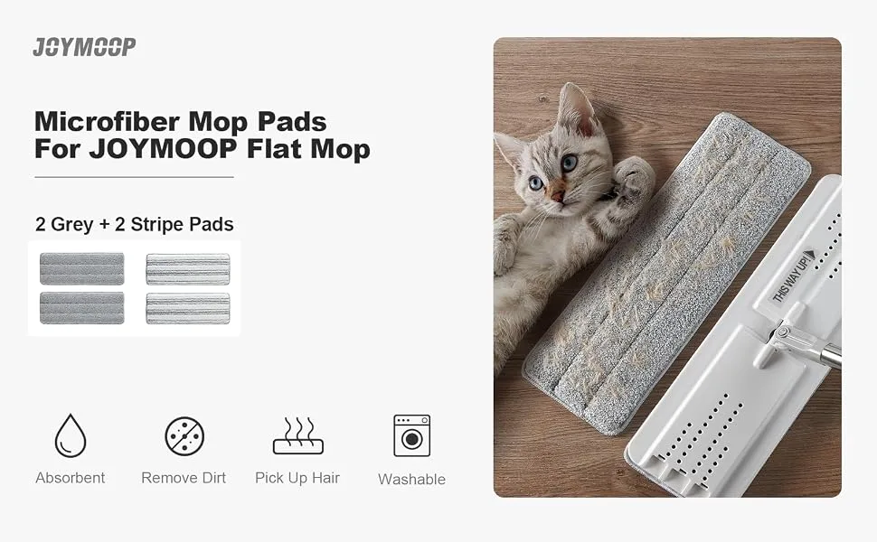 JOYMOOP Flat Mop Pads, Microfiber Mop Cleaning Pads, Washable Pads, Pads Replacement for JOYMOOP Flat Mop or Mop Bucket Set, Refills 4 Pack - Grey and Stripe 4pcs - 2grey+2stripe - microfiber pads