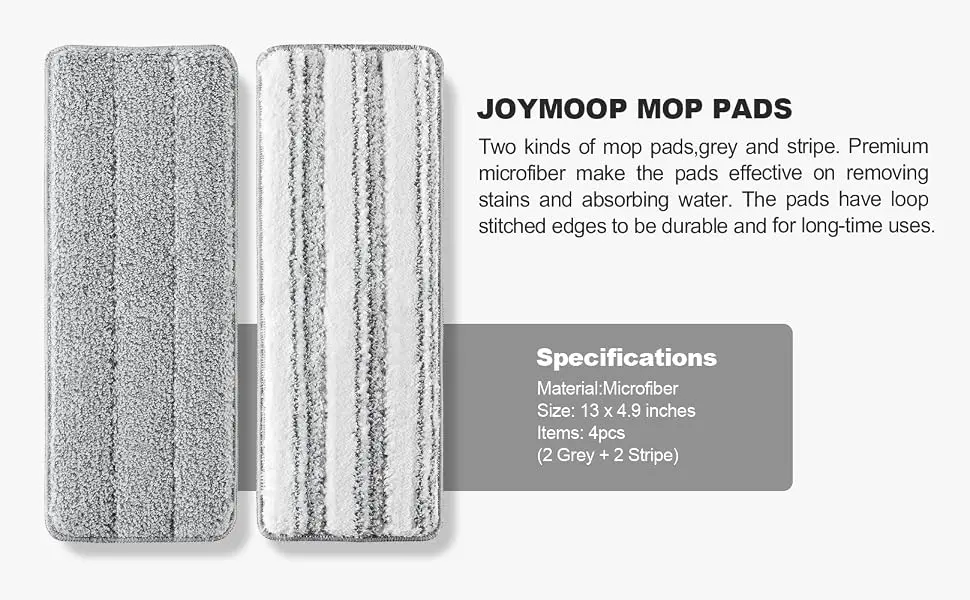 JOYMOOP Flat Mop Pads, Microfiber Mop Cleaning Pads, Washable Pads, Pads Replacement for JOYMOOP Flat Mop or Mop Bucket Set, Refills 4 Pack - Grey and Stripe 4pcs - 2grey+2stripe - microfiber pads