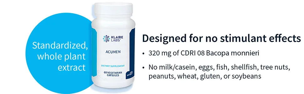 Klaire Labs Acumen - Cognitive Support Supplement with Bacopa Monnieri Extract - Memory Support - Gluten-Free & Hypoallergenic Bacopa Capsules for Adults & Kids 7+ (60 Capsules) - Designed for no stimulant effects