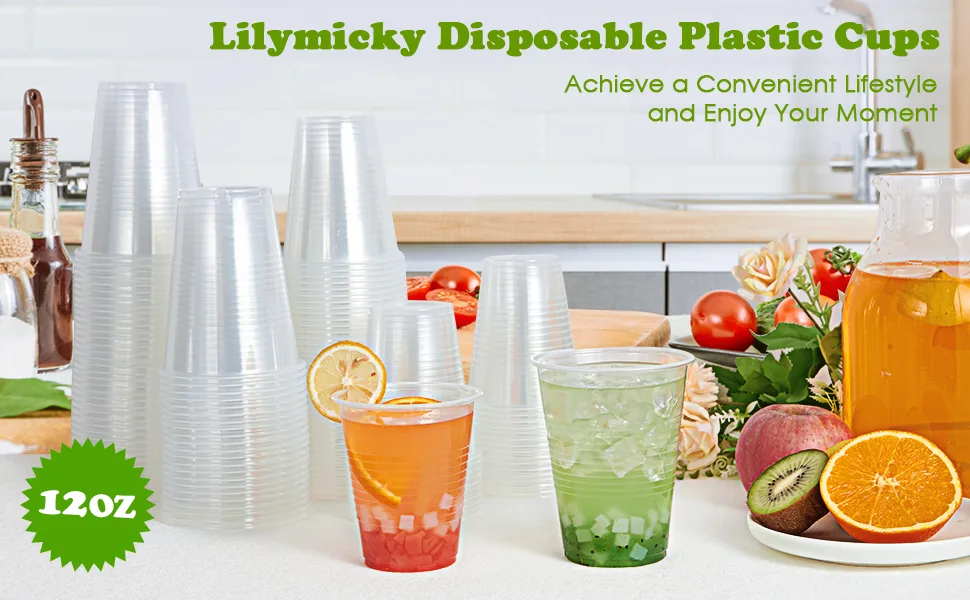 Lilymicky 300 Pack 12oz Clear Plastic Cups,Cold Party Drinking Cups,Disposable Plastic Cups for Parties, Picnic, BBQ, Travel, & Events 12 oz-300ct - 75156
